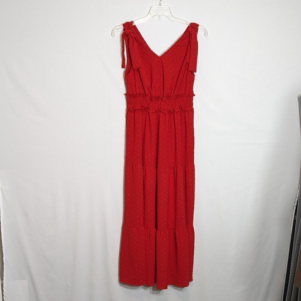 SHEIN Red Sleeveless Maxi Peasant Dress; Flocking; Tiers; Shoulder Ties; Size L